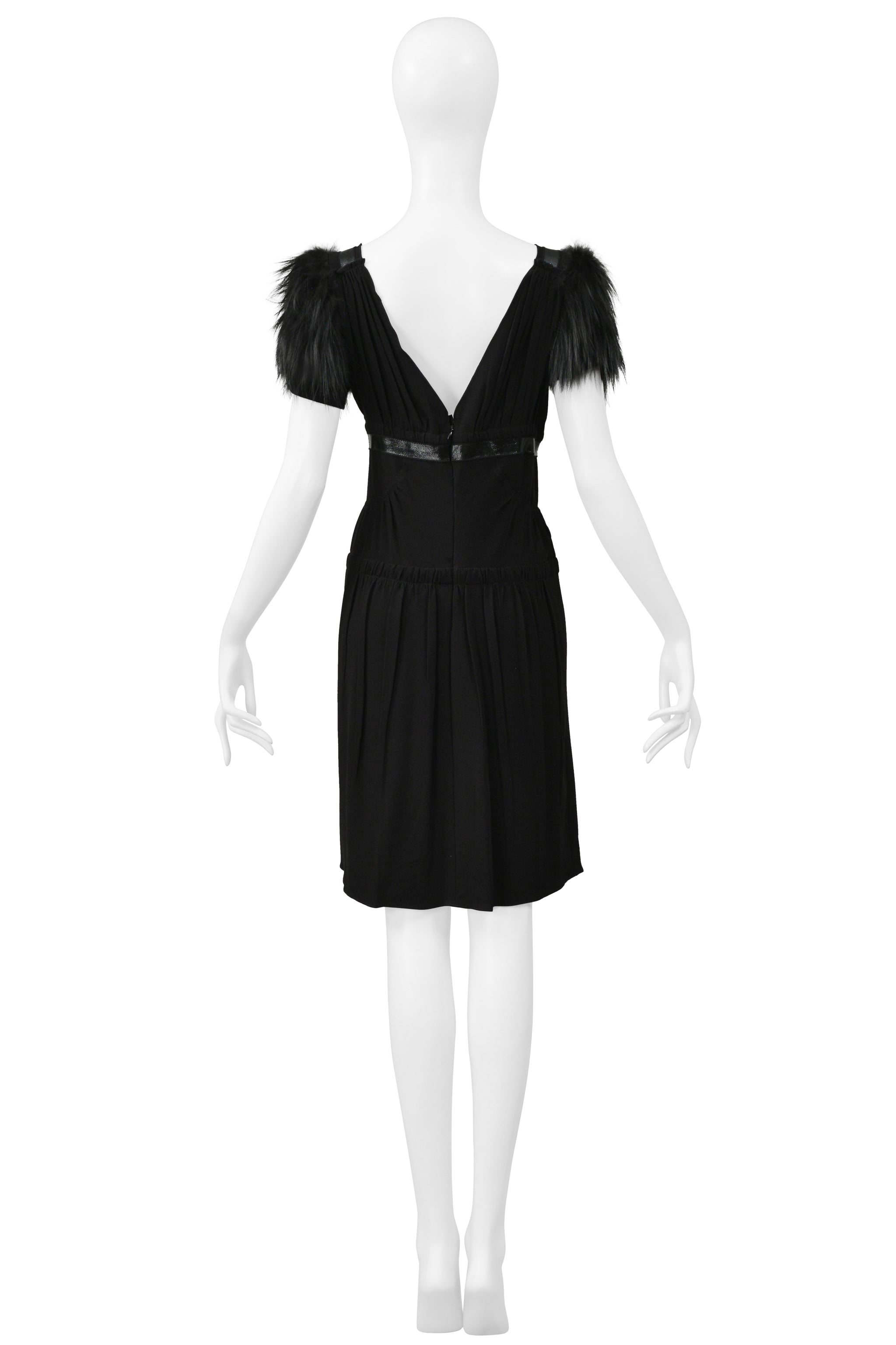 PRADA BLACK DRESS WITH LEATHER TRIM & FUR SLEEVES