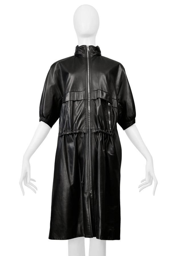 PRADA BLACK LEATHER ADIRONDACK COAT WITH DRAWSTRINGS & HOOD