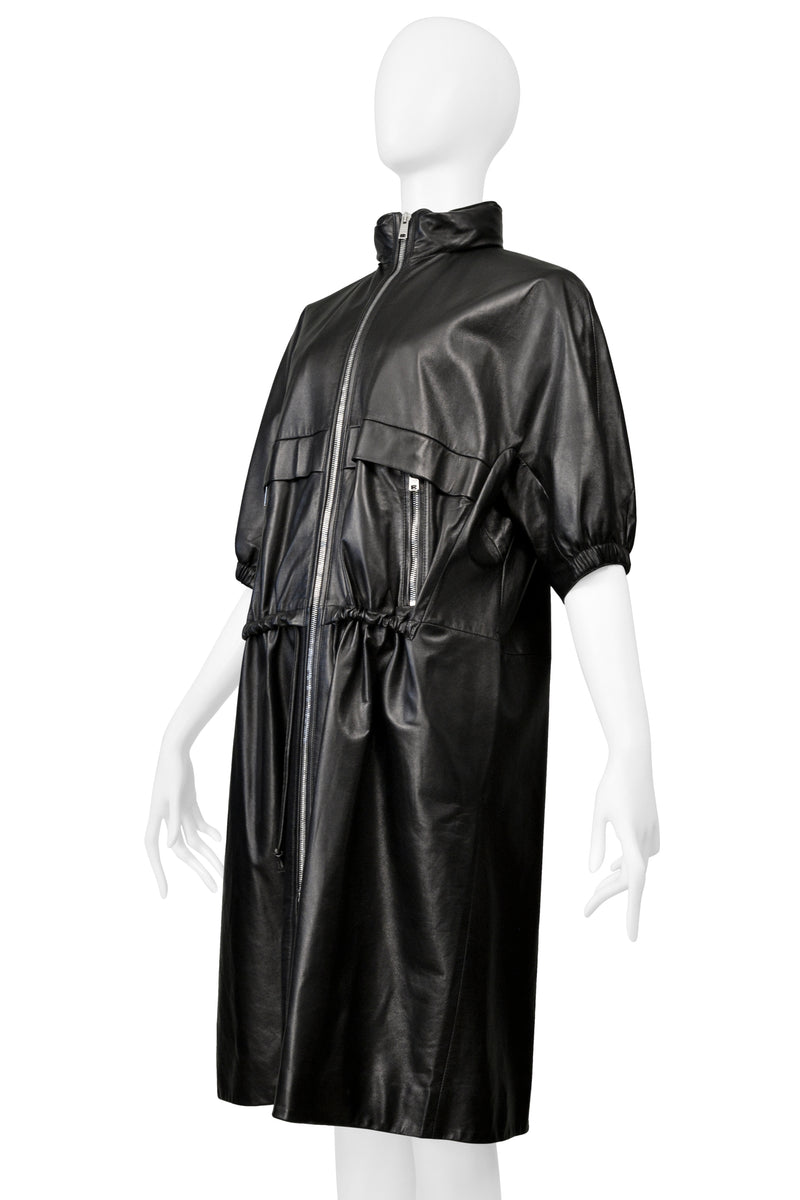 PRADA BLACK LEATHER ADIRONDACK COAT WITH DRAWSTRINGS & HOOD