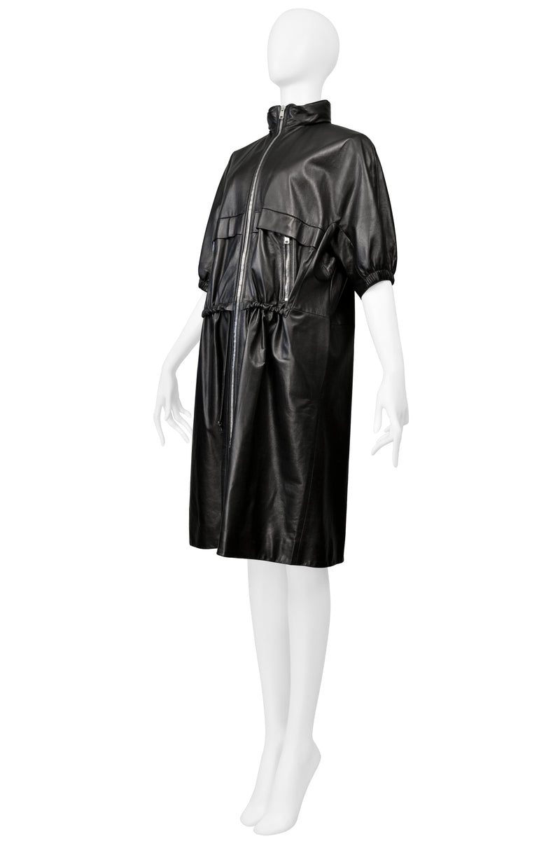 PRADA BLACK LEATHER ADIRONDACK COAT WITH DRAWSTRINGS & HOOD