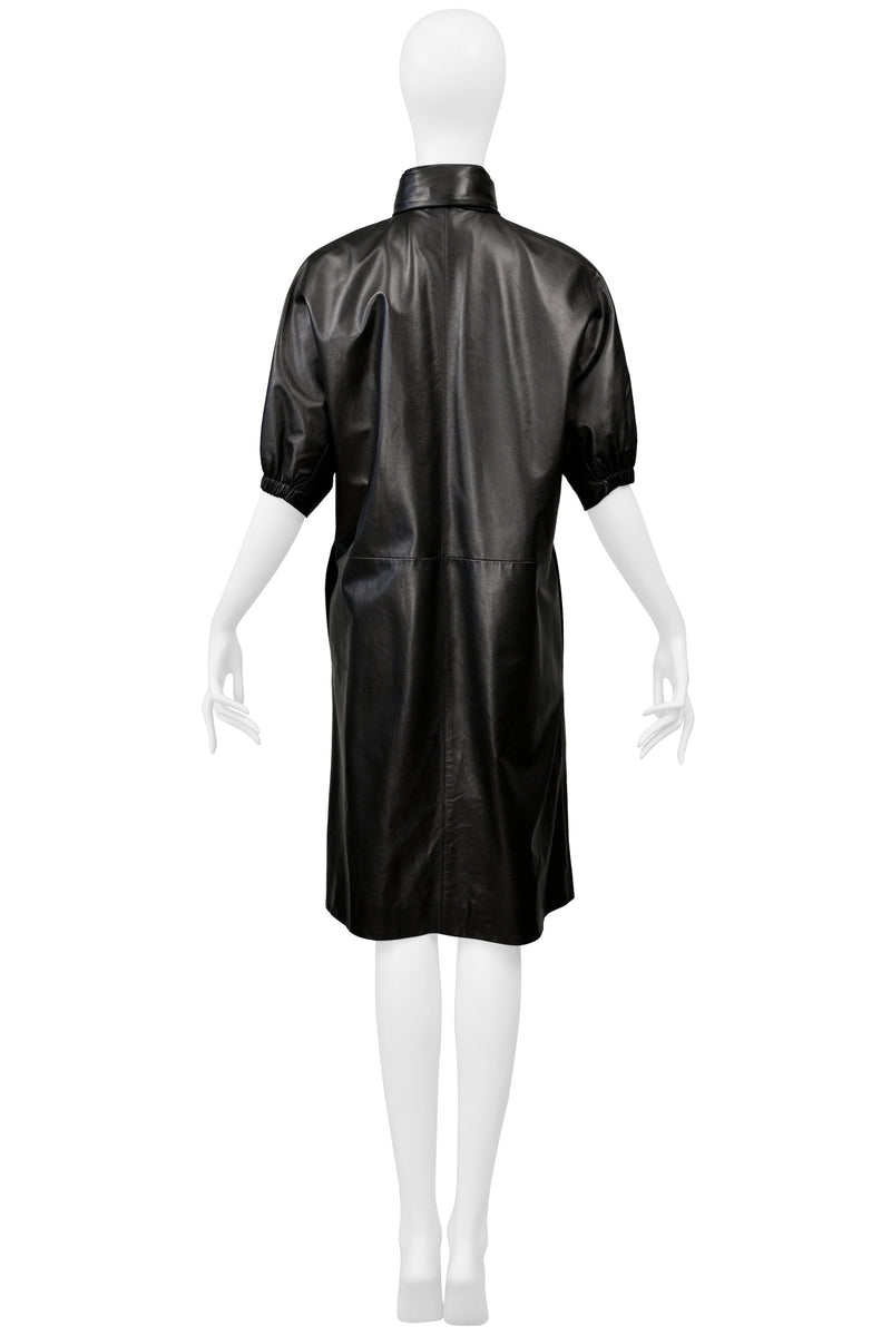 PRADA BLACK LEATHER ADIRONDACK COAT WITH DRAWSTRINGS & HOOD