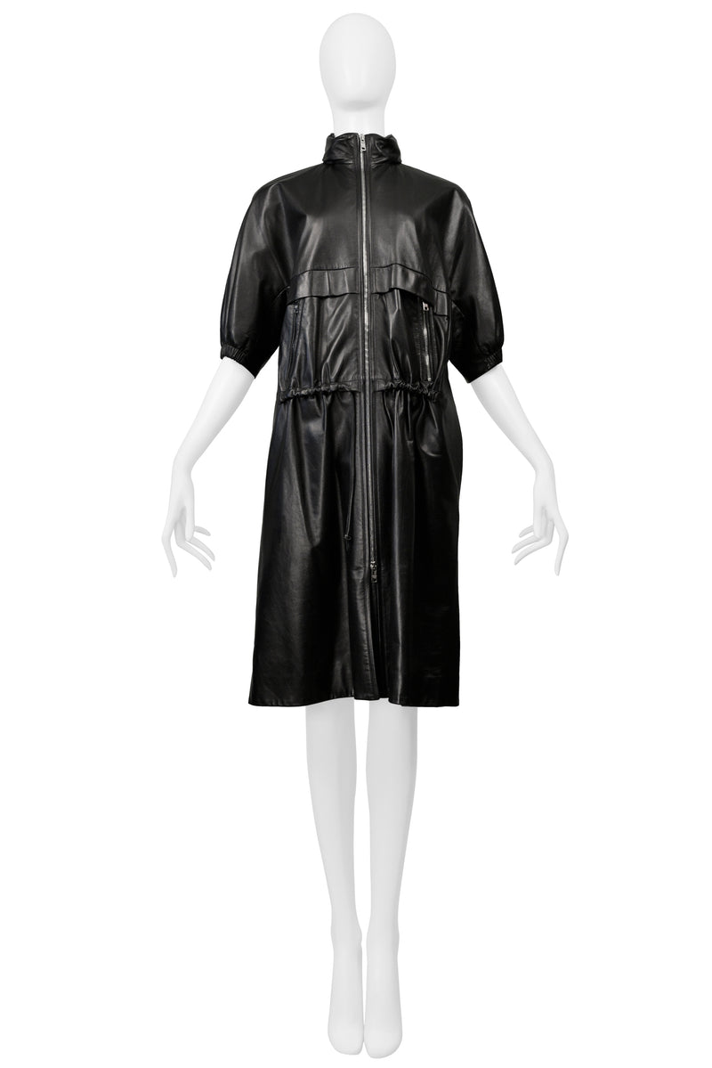 PRADA BLACK LEATHER ADIRONDACK COAT WITH DRAWSTRINGS & HOOD