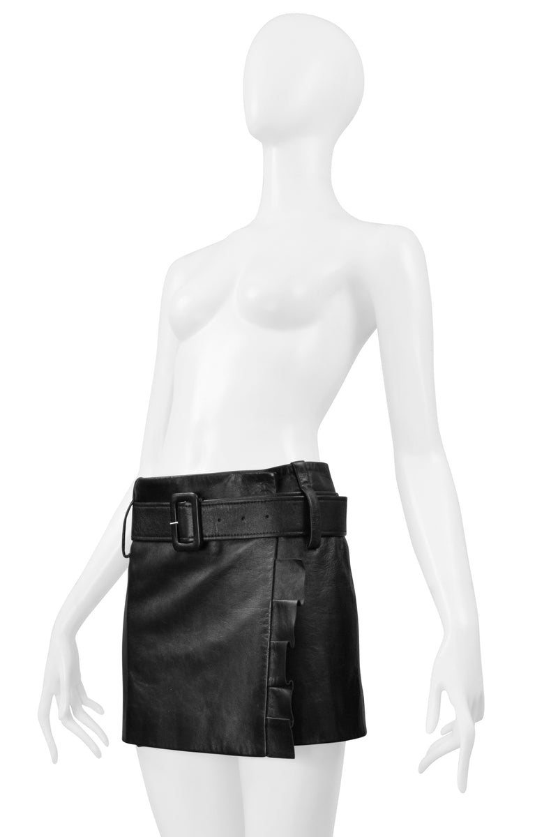 PRADA BLACK LEATHER MOD MINI SKIRT WITH PLEATED RUFFLES & BELT 2019