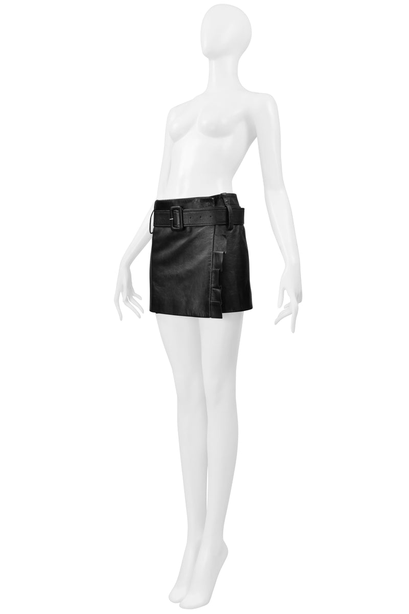 PRADA BLACK LEATHER MOD MINI SKIRT WITH PLEATED RUFFLES & BELT 2019