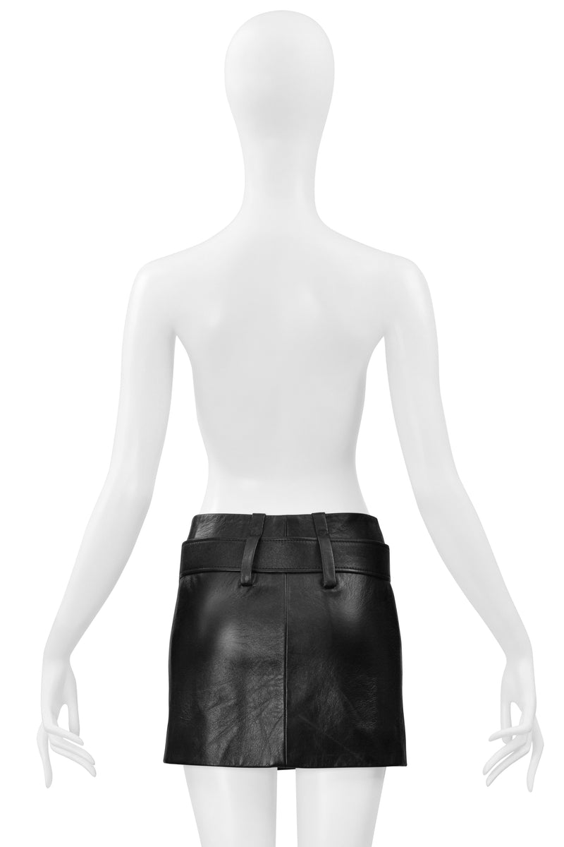 PRADA BLACK LEATHER MOD MINI SKIRT WITH PLEATED RUFFLES & BELT 2019