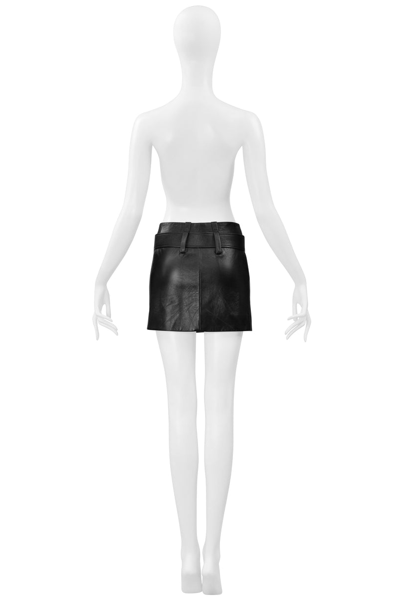 PRADA BLACK LEATHER MOD MINI SKIRT WITH PLEATED RUFFLES & BELT 2019