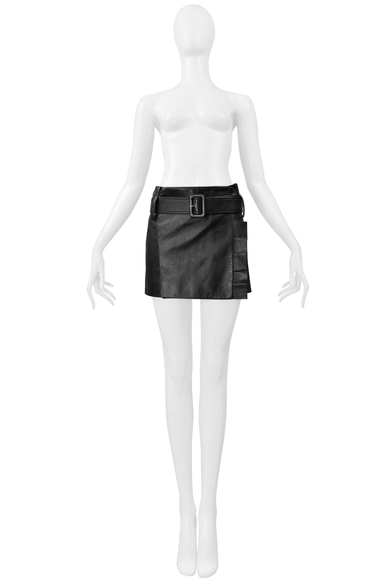 PRADA BLACK LEATHER MOD MINI SKIRT WITH PLEATED RUFFLES & BELT 2019