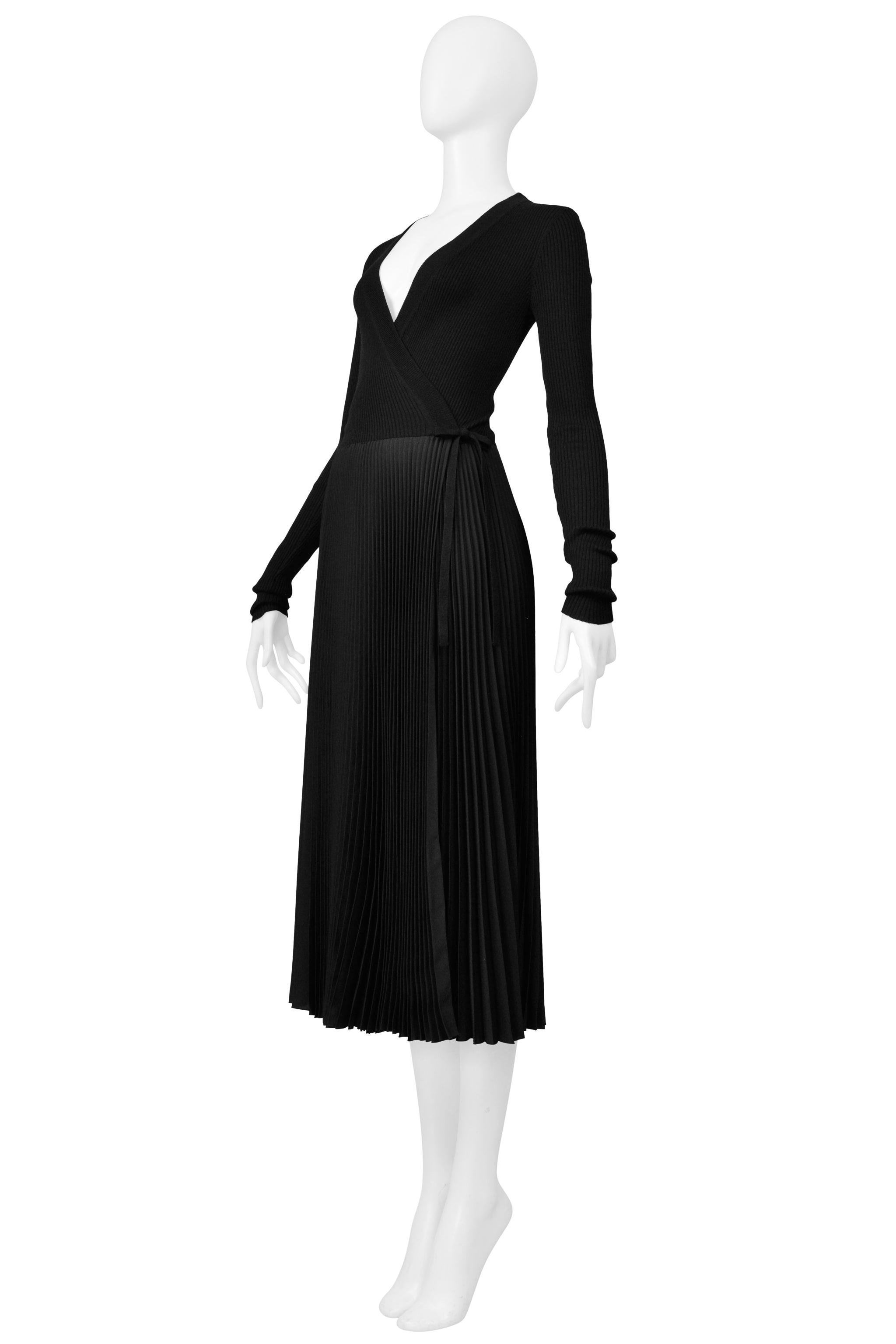PRADA BLACK LONG KNIT WRAP DRESS WITH PLEATED SKIRT