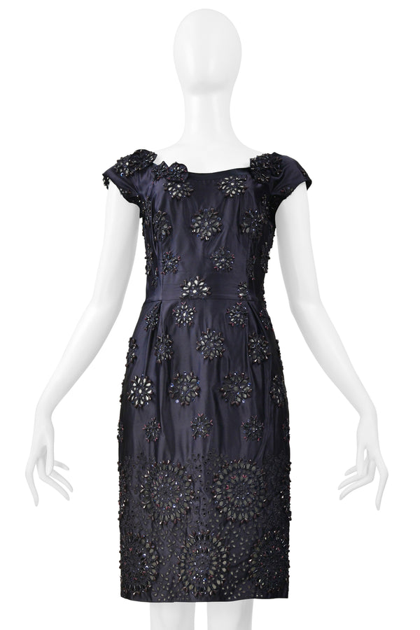 PRADA MIDNIGHT BLUE TAFFETA DRESS WITH HEAVY EMBROIDERY, BEADING AND LASER CUTOUTS