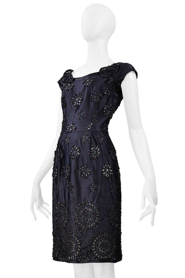 PRADA MIDNIGHT BLUE TAFFETA DRESS WITH HEAVY EMBROIDERY, BEADING AND LASER CUTOUTS