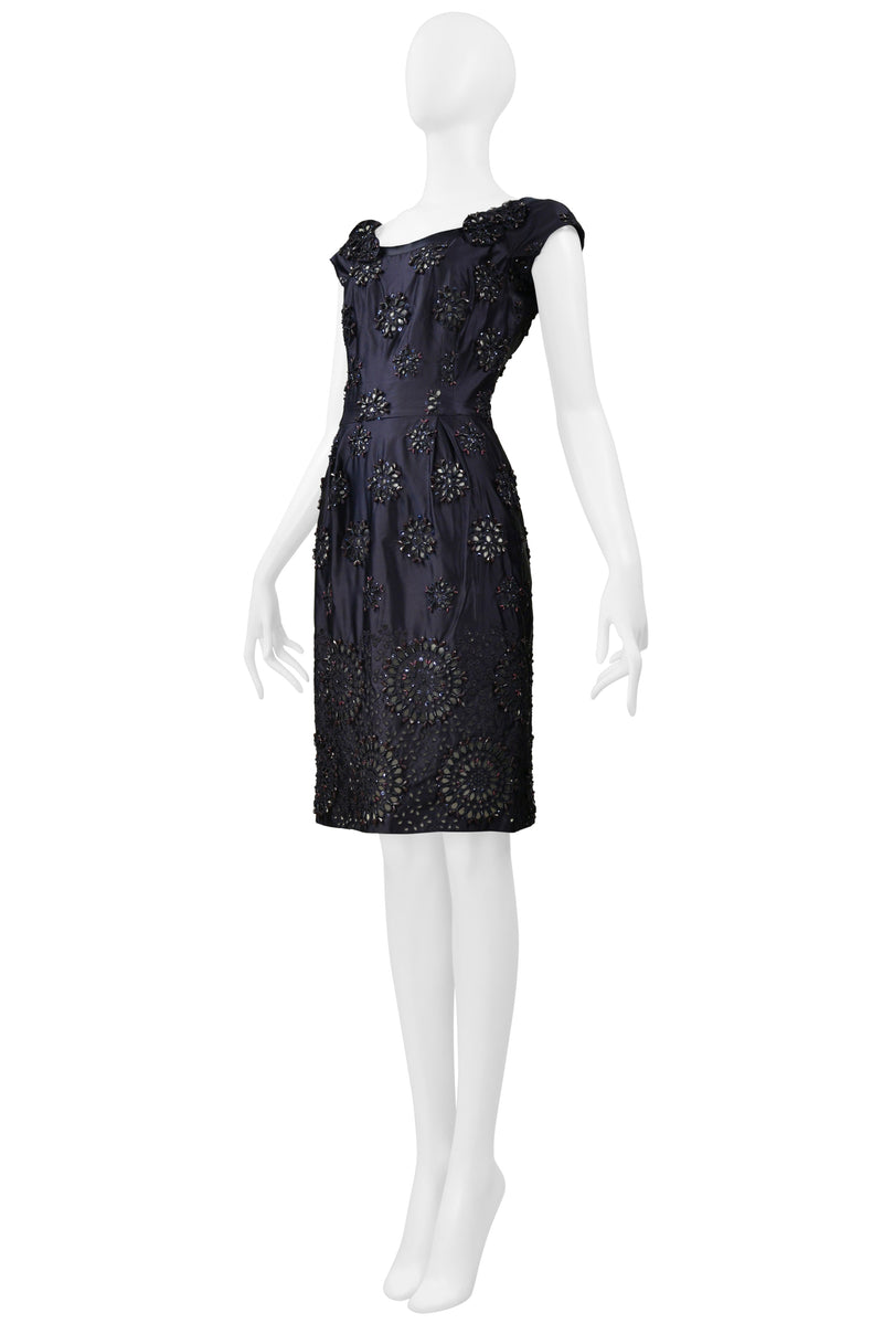 PRADA MIDNIGHT BLUE TAFFETA DRESS WITH HEAVY EMBROIDERY, BEADING AND LASER CUTOUTS