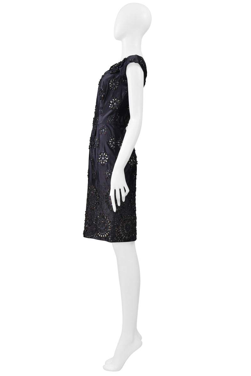 PRADA MIDNIGHT BLUE TAFFETA DRESS WITH HEAVY EMBROIDERY, BEADING AND LASER CUTOUTS