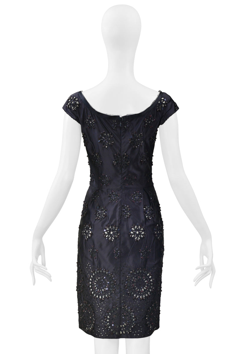 PRADA MIDNIGHT BLUE TAFFETA DRESS WITH HEAVY EMBROIDERY, BEADING AND LASER CUTOUTS