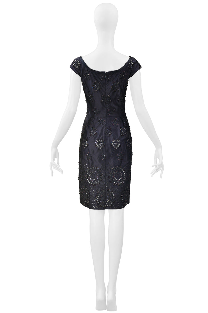 PRADA MIDNIGHT BLUE TAFFETA DRESS WITH HEAVY EMBROIDERY, BEADING AND LASER CUTOUTS