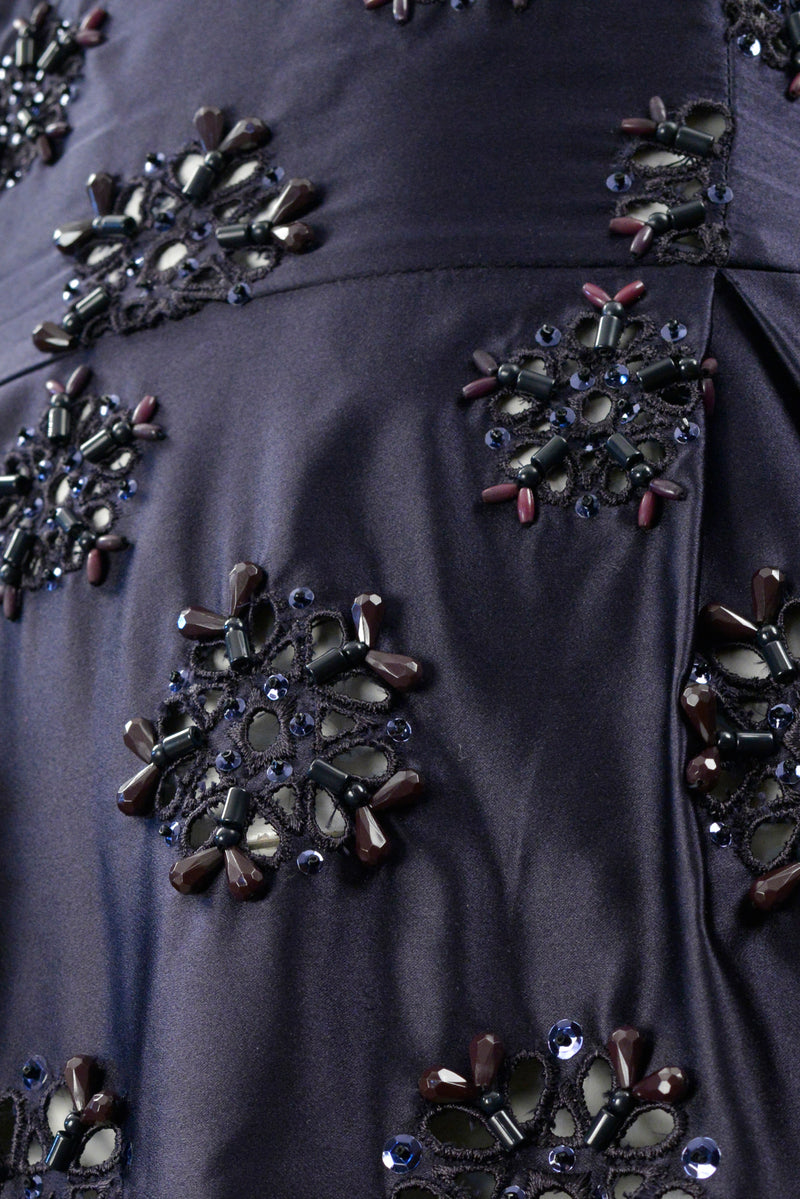 PRADA MIDNIGHT BLUE TAFFETA DRESS WITH HEAVY EMBROIDERY, BEADING AND LASER CUTOUTS