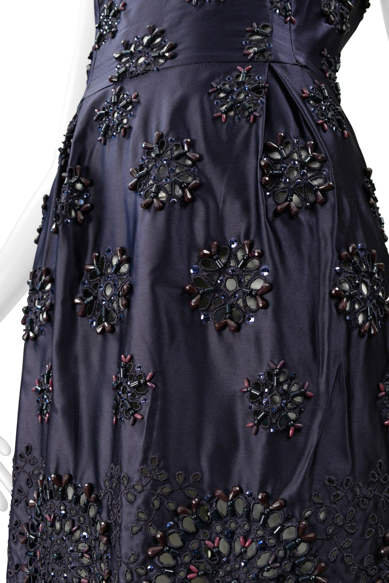 PRADA MIDNIGHT BLUE TAFFETA DRESS WITH HEAVY EMBROIDERY, BEADING AND LASER CUTOUTS