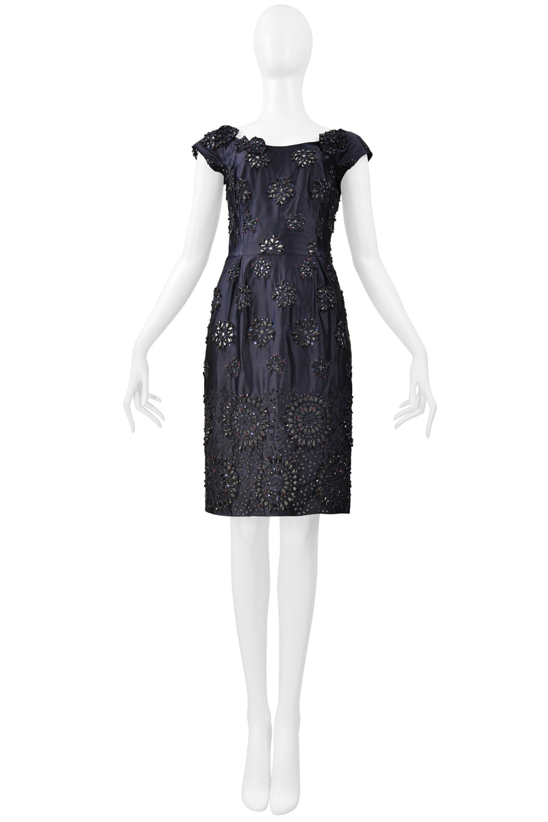 PRADA MIDNIGHT BLUE TAFFETA DRESS WITH HEAVY EMBROIDERY, BEADING AND LASER CUTOUTS