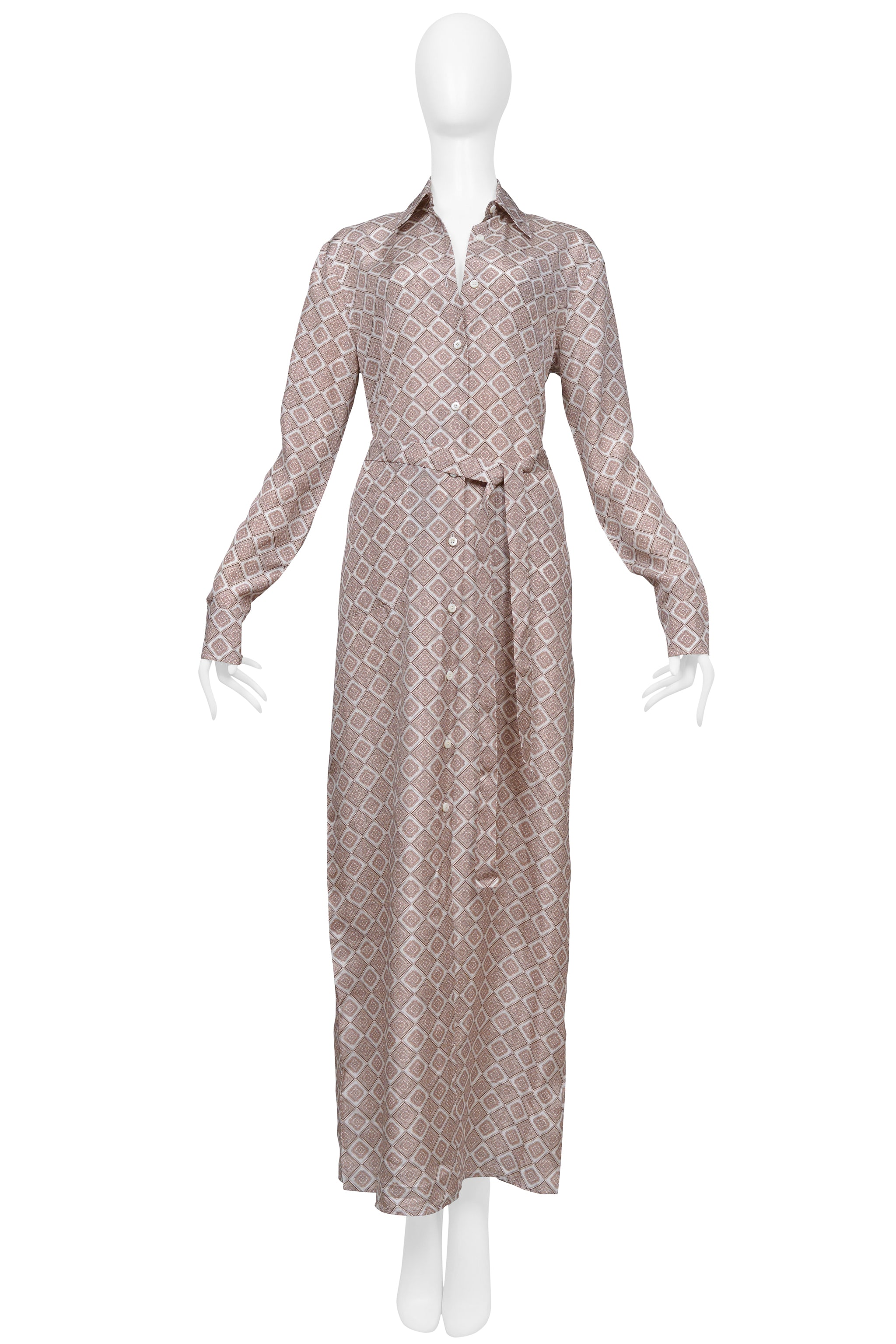 PRADA BROWN AND WHITE SILK ROBE DRESS WITH DIAMOND PRINT
