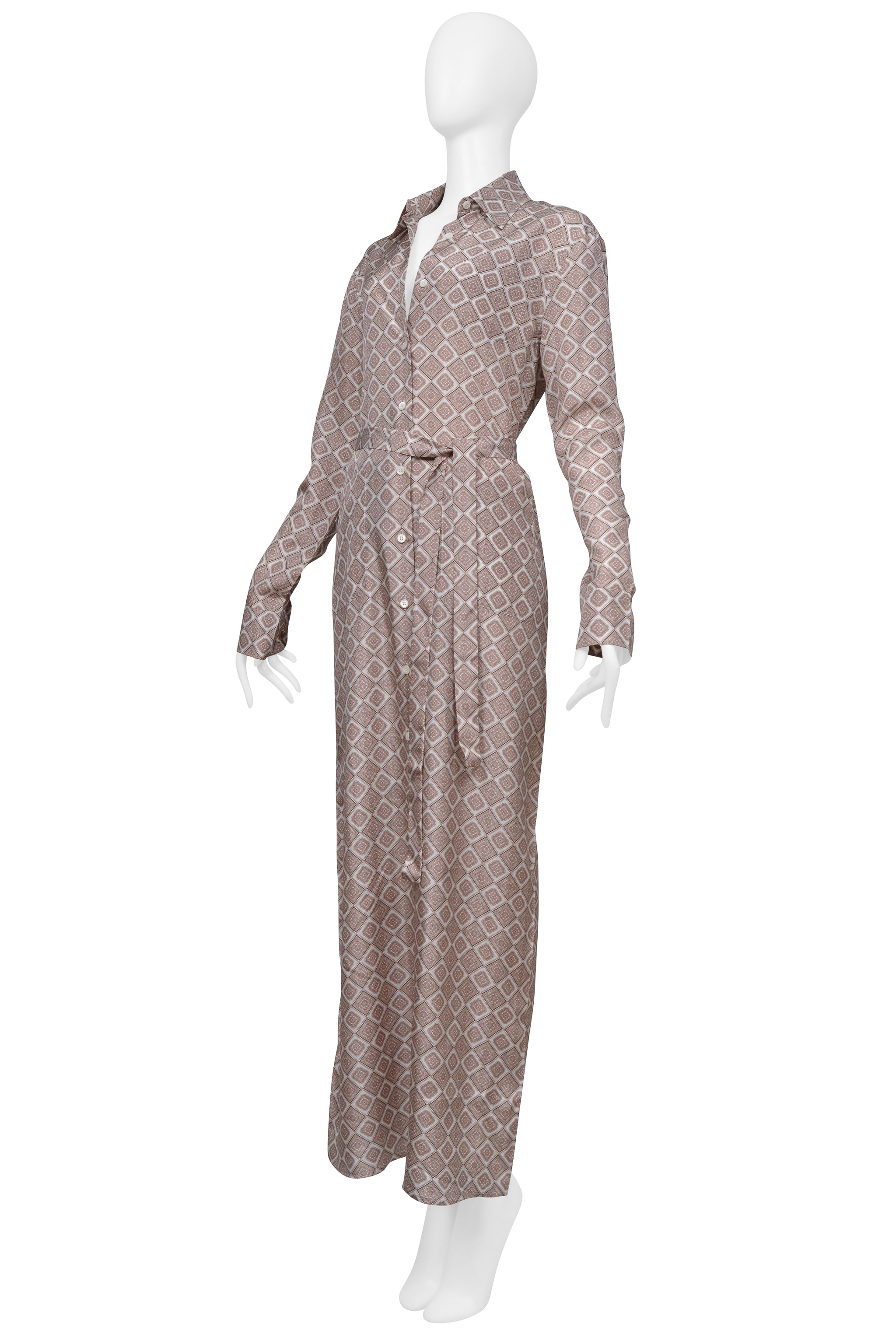 PRADA BROWN AND WHITE SILK ROBE DRESS WITH DIAMOND PRINT