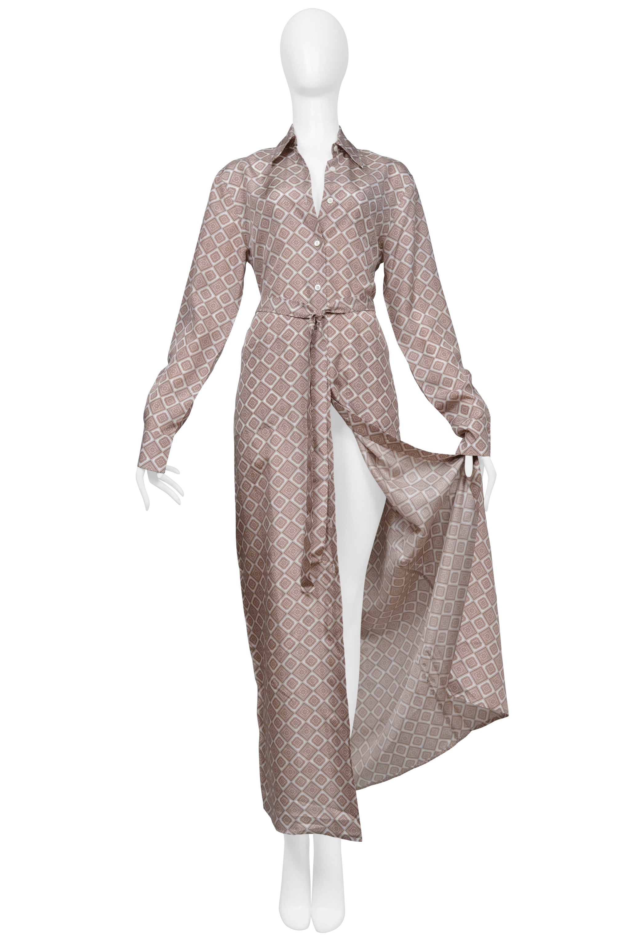 PRADA BROWN AND WHITE SILK ROBE DRESS WITH DIAMOND PRINT