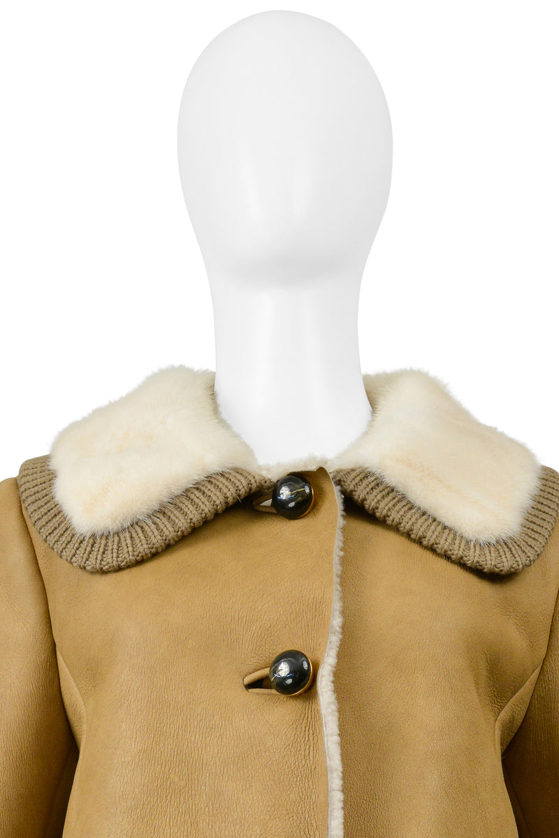 PRADA CAMEL SUEDE & SHEARLING JACKET WITH WHITE MINK COLLAR 2010