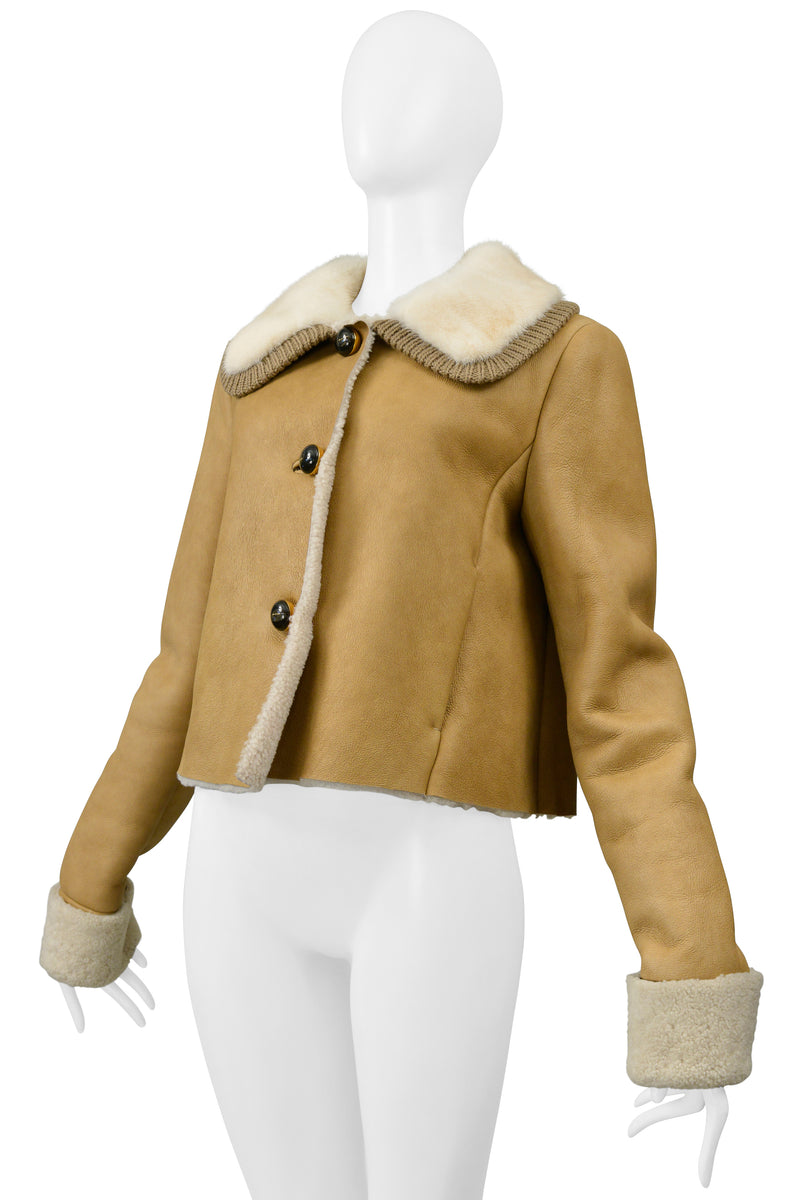 PRADA CAMEL SUEDE & SHEARLING JACKET WITH WHITE MINK COLLAR 2010