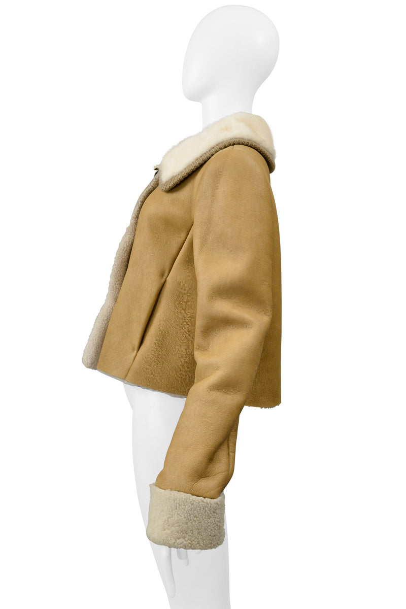 PRADA CAMEL SUEDE & SHEARLING JACKET WITH WHITE MINK COLLAR 2010