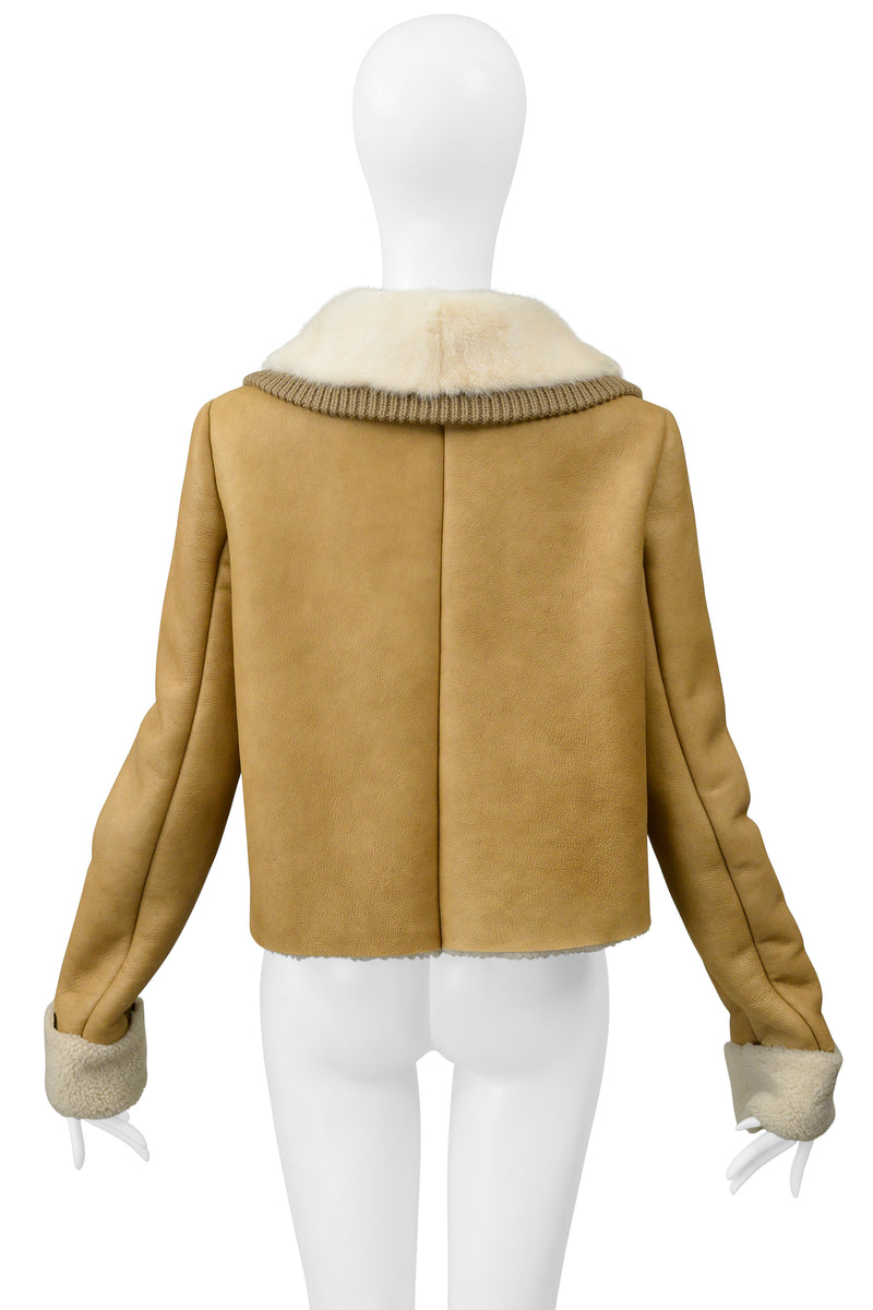 PRADA CAMEL SUEDE & SHEARLING JACKET WITH WHITE MINK COLLAR 2010