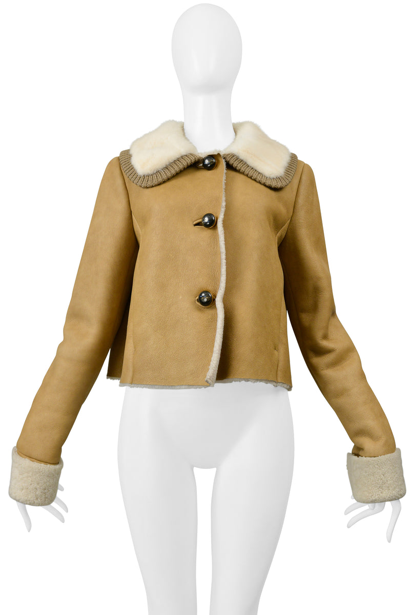 PRADA CAMEL SUEDE & SHEARLING JACKET WITH WHITE MINK COLLAR 2010