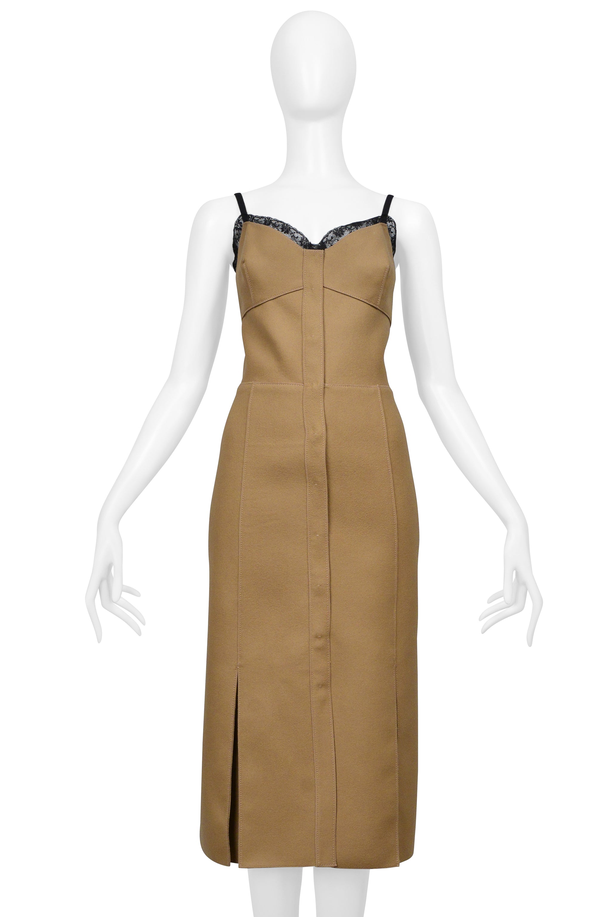 PRADA CAMEL WOOL DRESS WITH SNAPS AND BLACK LACE