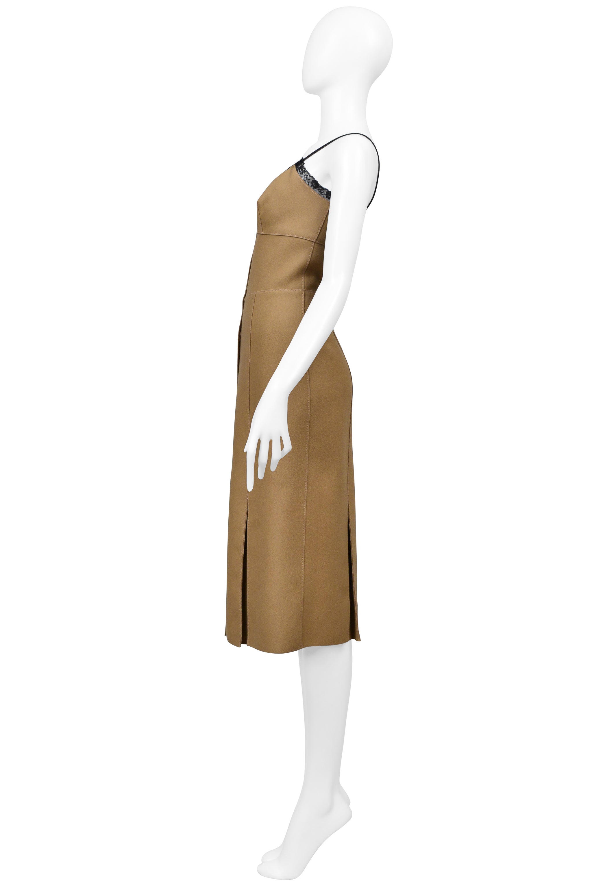 PRADA CAMEL WOOL DRESS WITH SNAPS AND BLACK LACE