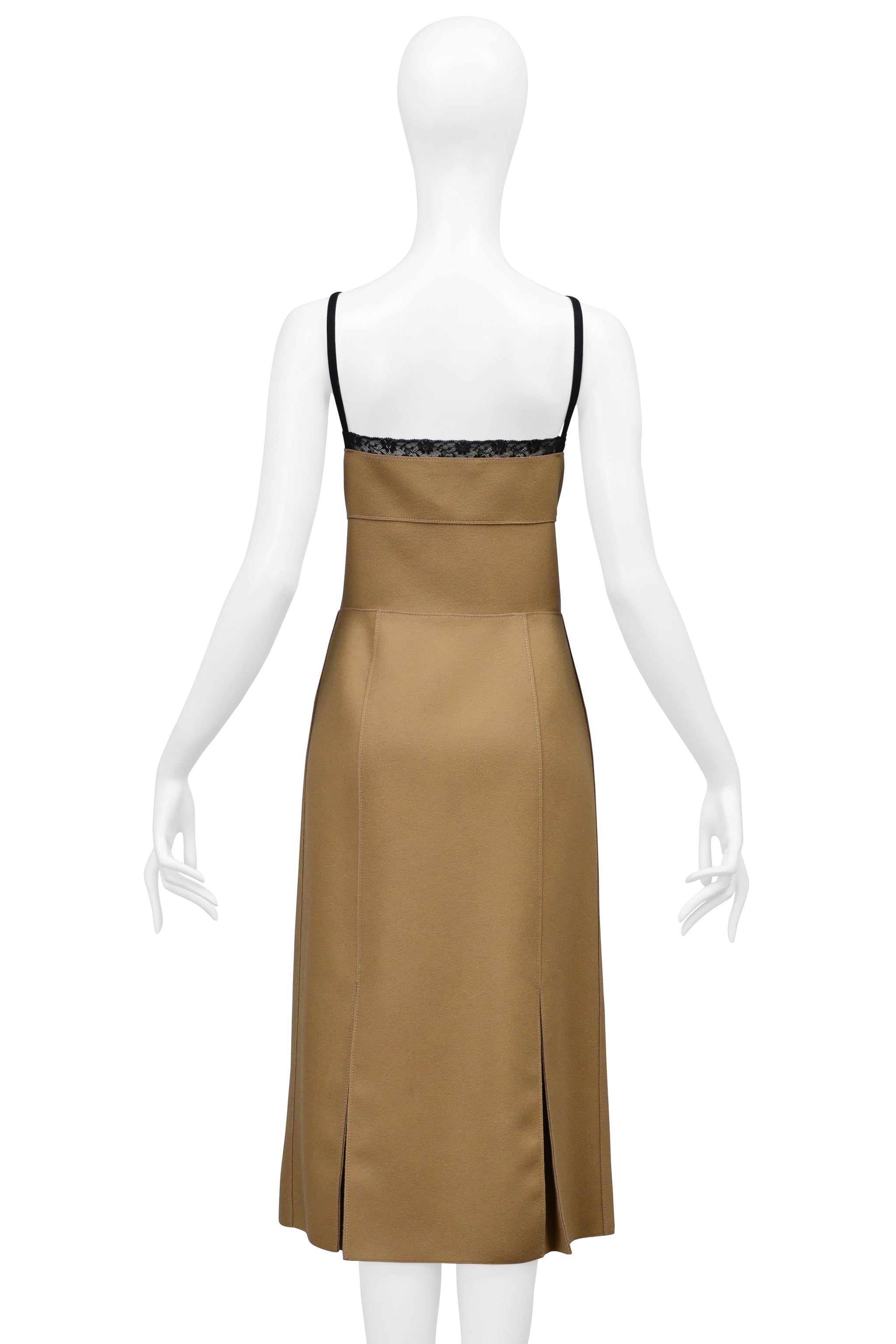 PRADA CAMEL WOOL DRESS WITH SNAPS AND BLACK LACE