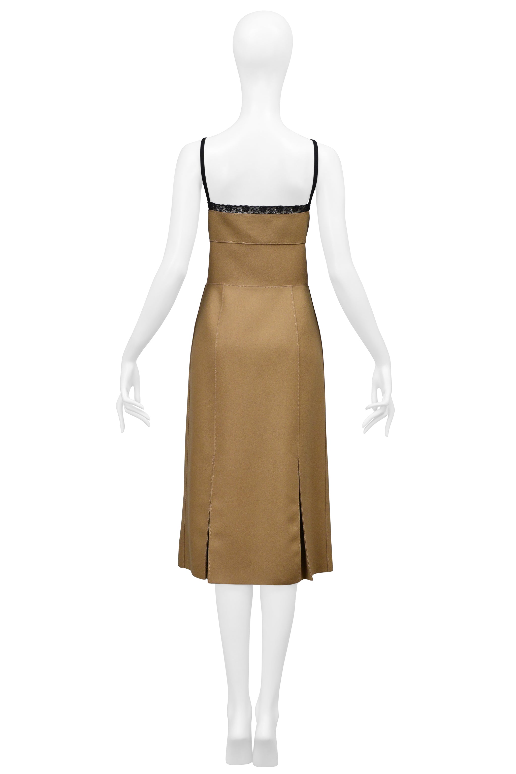 PRADA CAMEL WOOL DRESS WITH SNAPS AND BLACK LACE