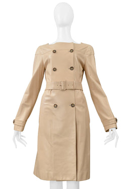 PRADA DOUBLE BREASTED BEIGE LEATHER COAT DRESS WITH BELT