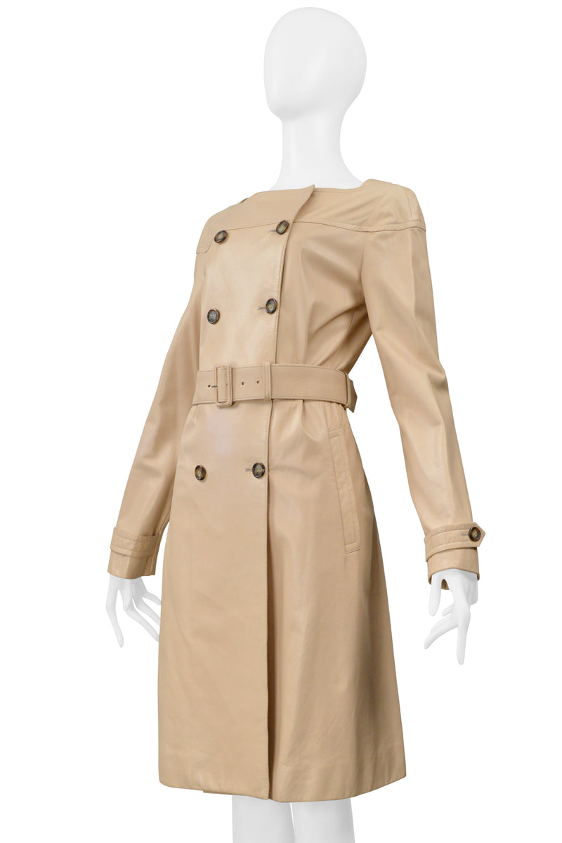 PRADA DOUBLE BREASTED BEIGE LEATHER COAT DRESS WITH BELT