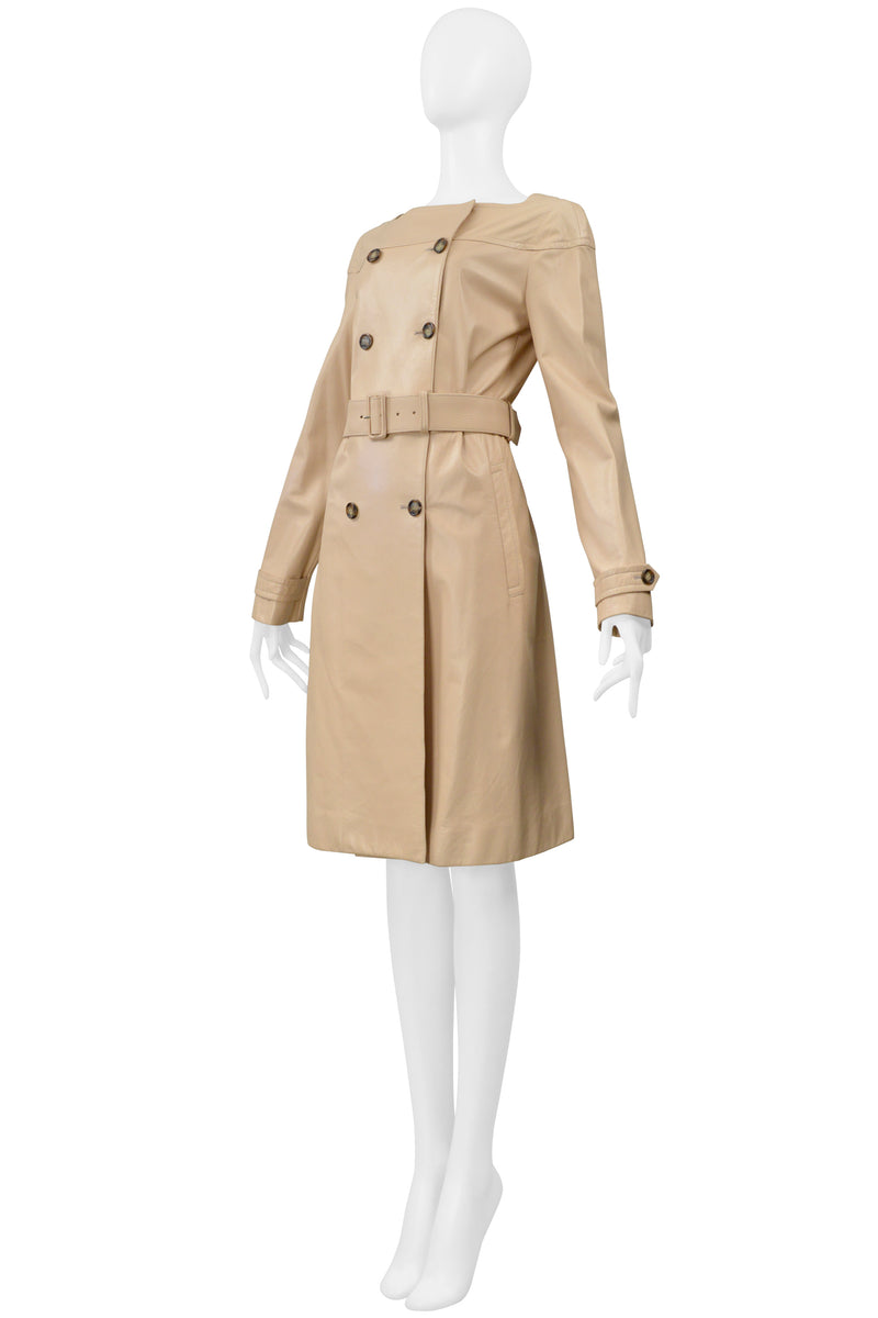 PRADA DOUBLE BREASTED BEIGE LEATHER COAT DRESS WITH BELT