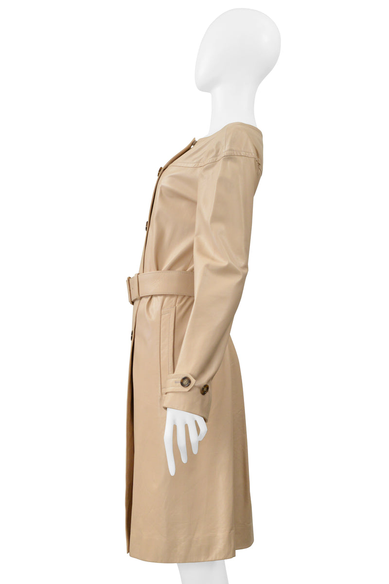 PRADA DOUBLE BREASTED BEIGE LEATHER COAT DRESS WITH BELT