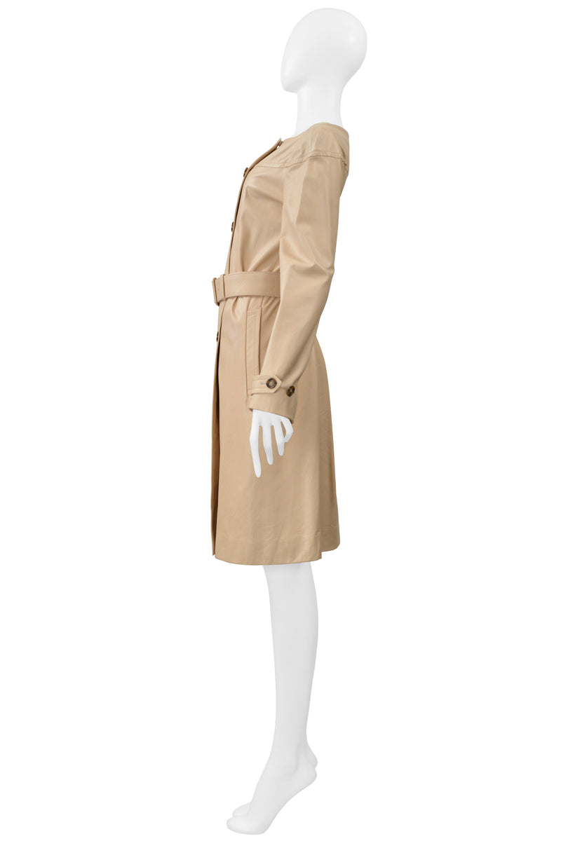 PRADA DOUBLE BREASTED BEIGE LEATHER COAT DRESS WITH BELT