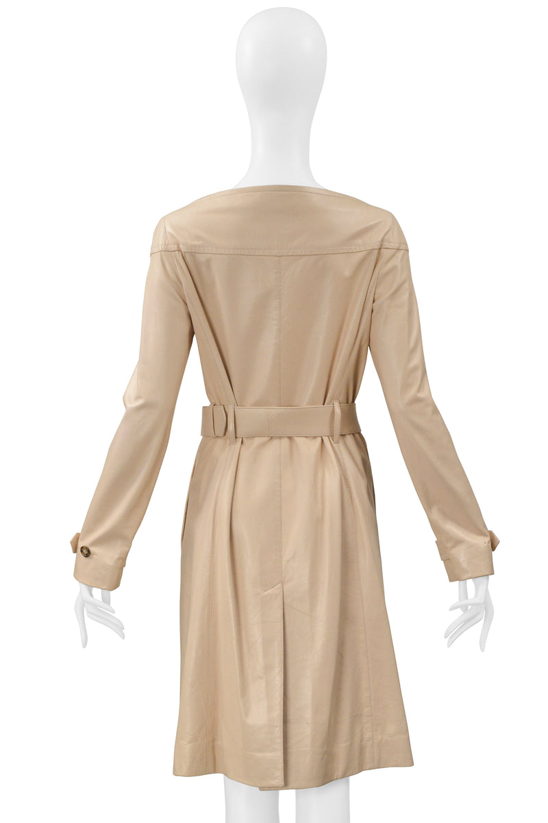 PRADA DOUBLE BREASTED BEIGE LEATHER COAT DRESS WITH BELT