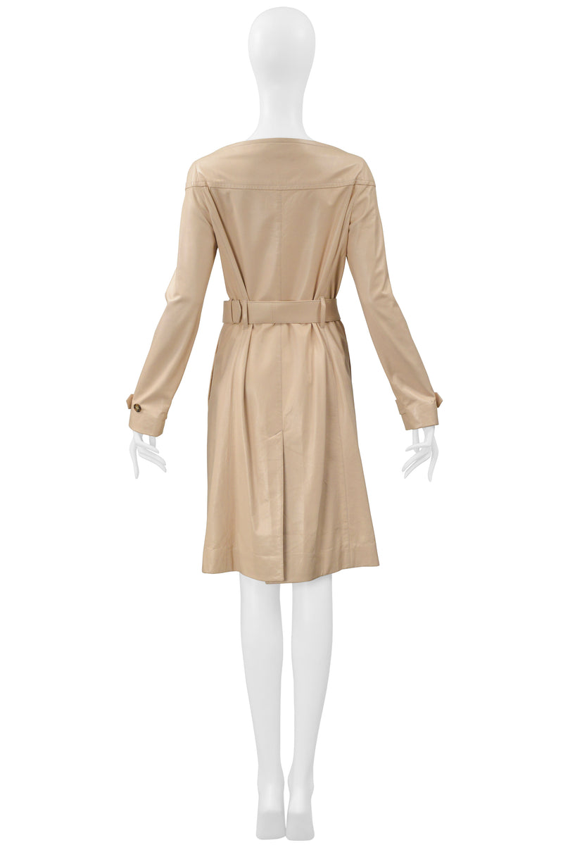 PRADA DOUBLE BREASTED BEIGE LEATHER COAT DRESS WITH BELT