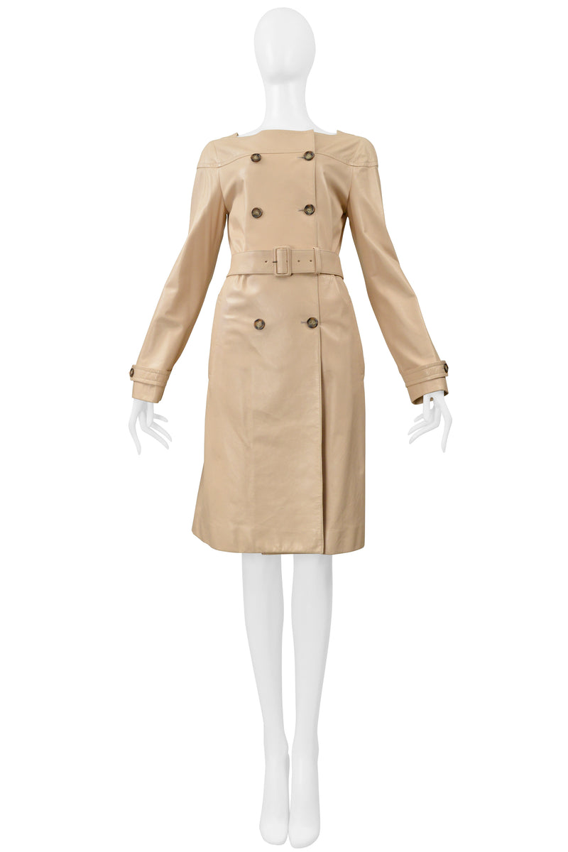 PRADA DOUBLE BREASTED BEIGE LEATHER COAT DRESS WITH BELT