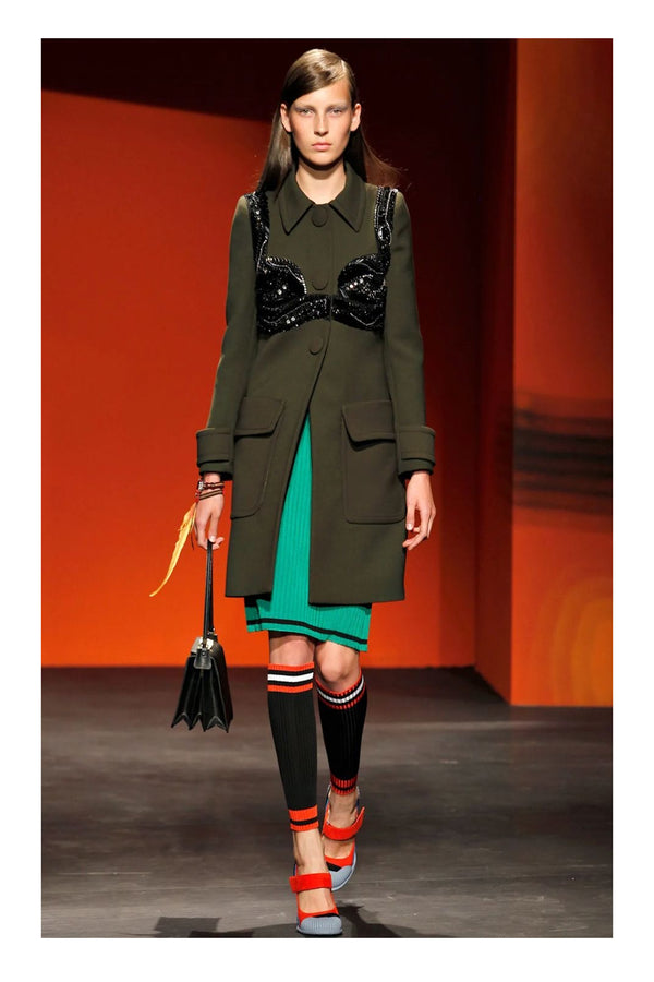 PRADA ARMY GREEN TAILORED COAT WITH FANCY BLACK BRA BEADING DETAIL 2014