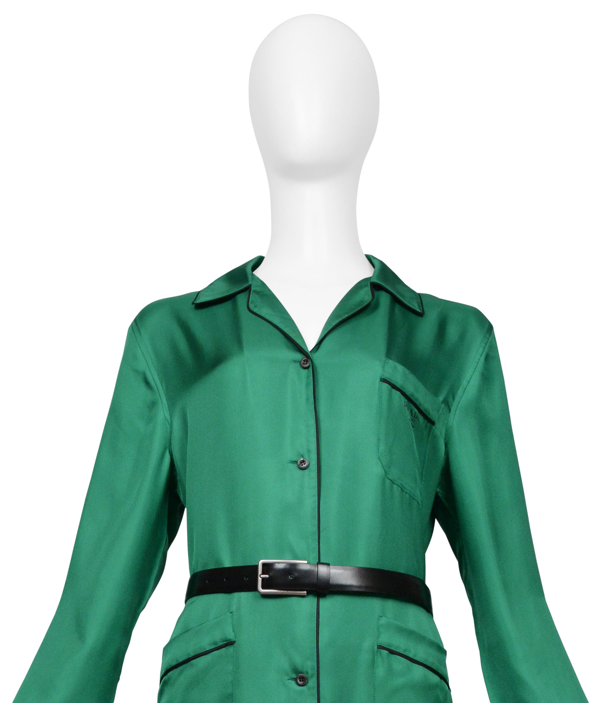 PRADA GREEN SILK ROBE DRESS WITH BLACK PIPING AND BLACK BELT