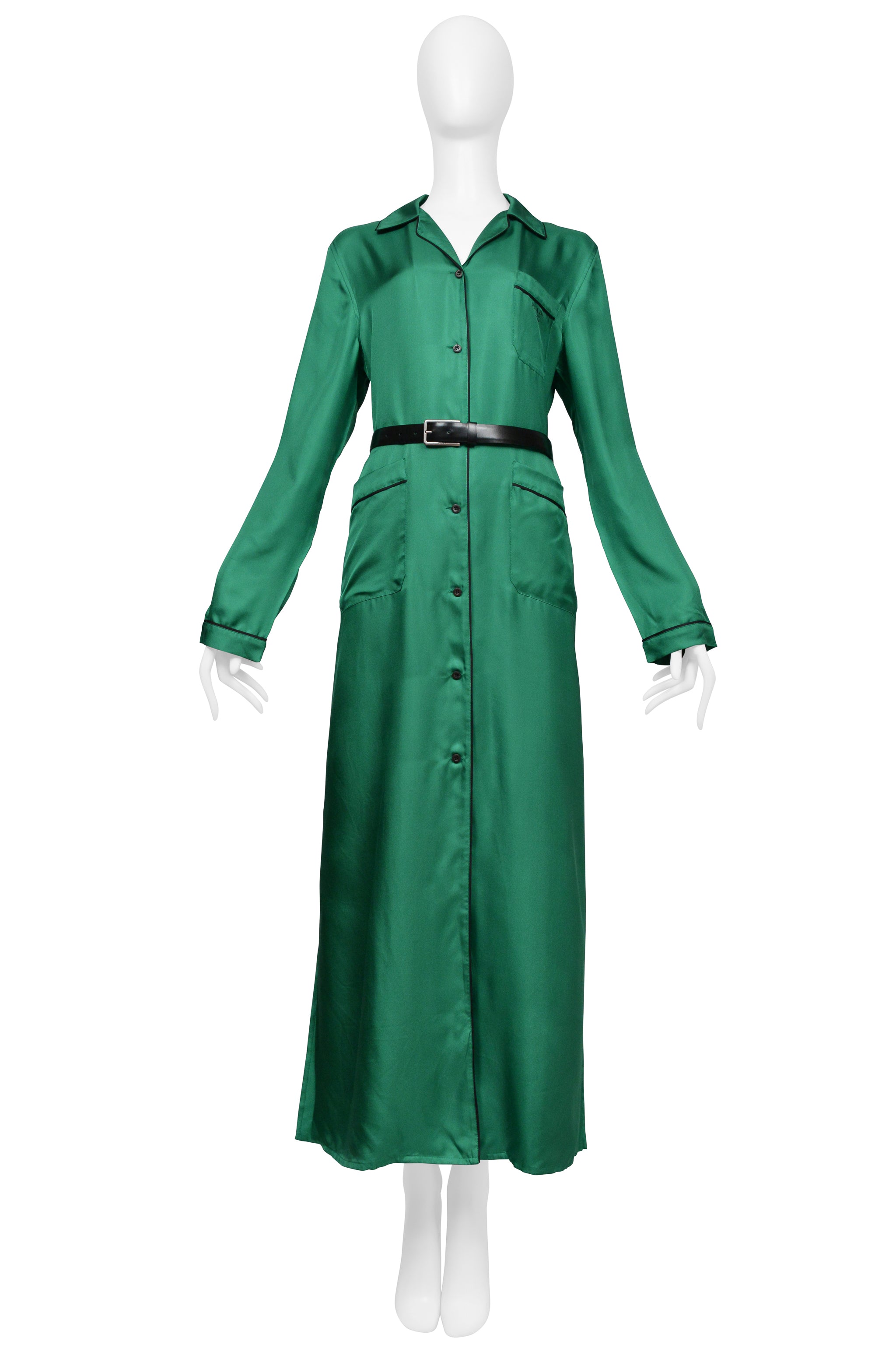 PRADA GREEN SILK ROBE DRESS WITH BLACK PIPING AND BLACK BELT