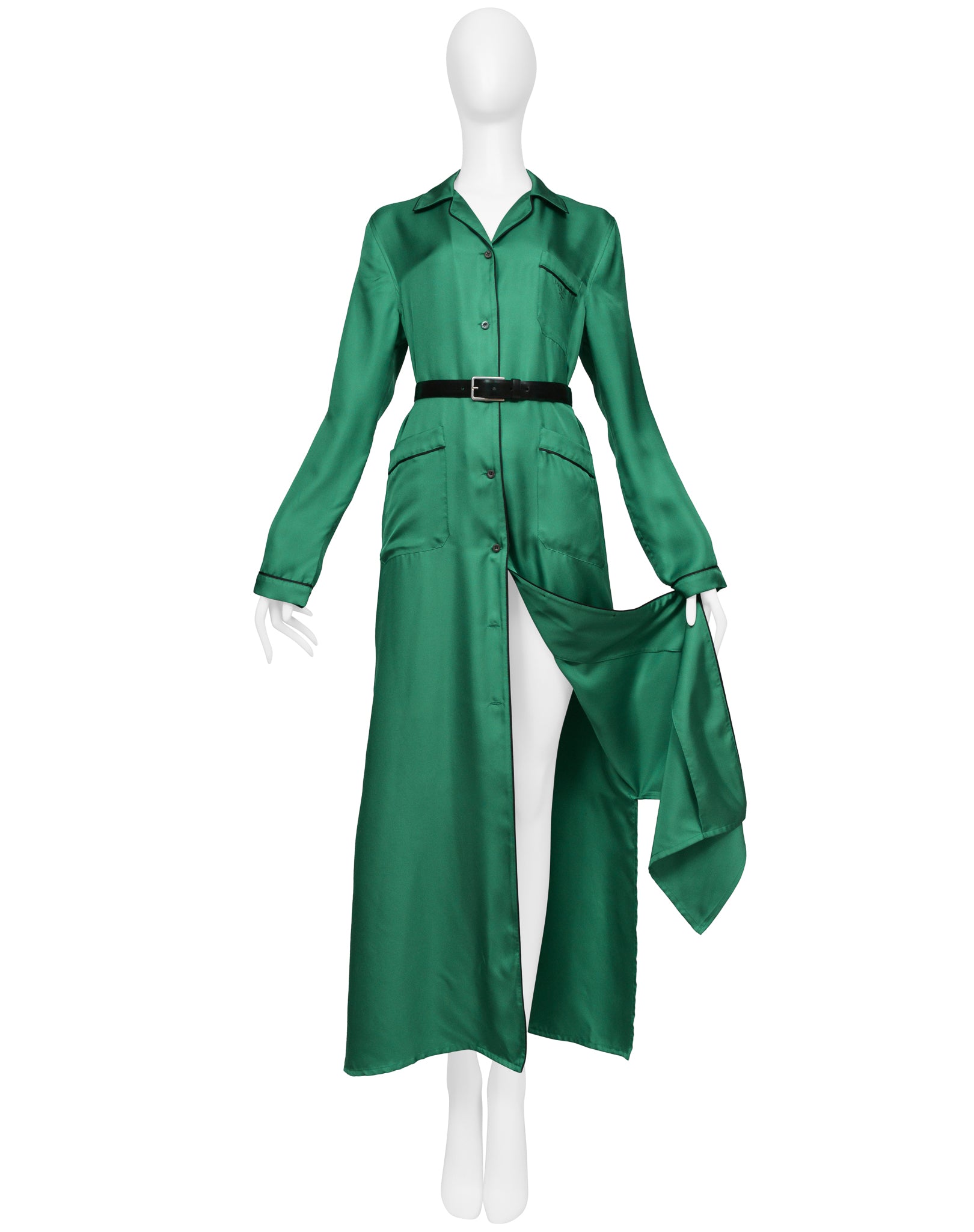 PRADA GREEN SILK ROBE DRESS WITH BLACK PIPING AND BLACK BELT