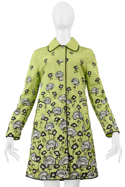 PRADA LIME GREEN PARKA WITH BLACK & WHITE FLORAL PRINT AND LARGE SNAPS