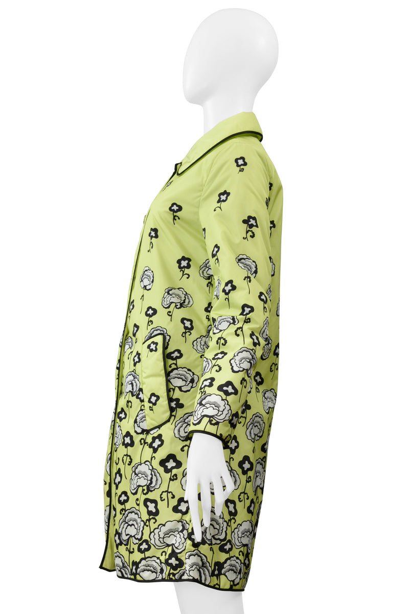 PRADA LIME GREEN PARKA WITH BLACK & WHITE FLORAL PRINT AND LARGE SNAPS