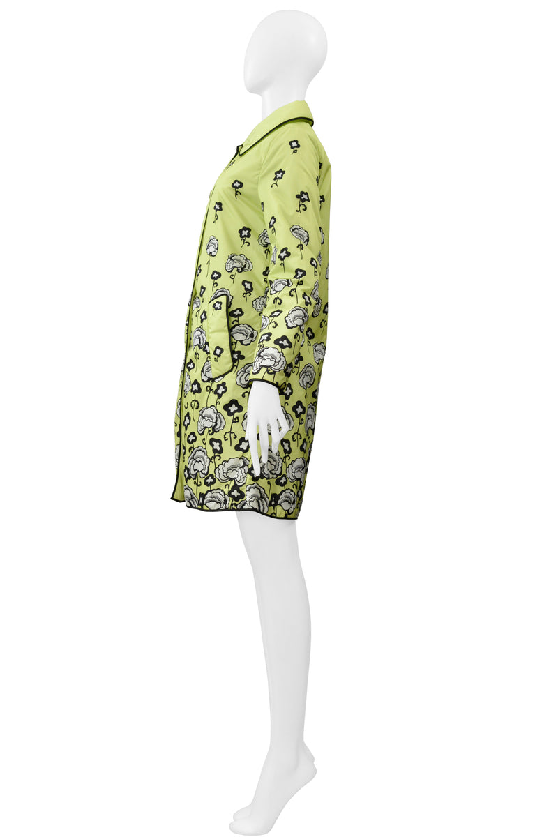 PRADA LIME GREEN PARKA WITH BLACK & WHITE FLORAL PRINT AND LARGE SNAPS