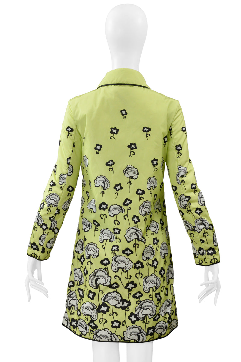 PRADA LIME GREEN PARKA WITH BLACK & WHITE FLORAL PRINT AND LARGE SNAPS