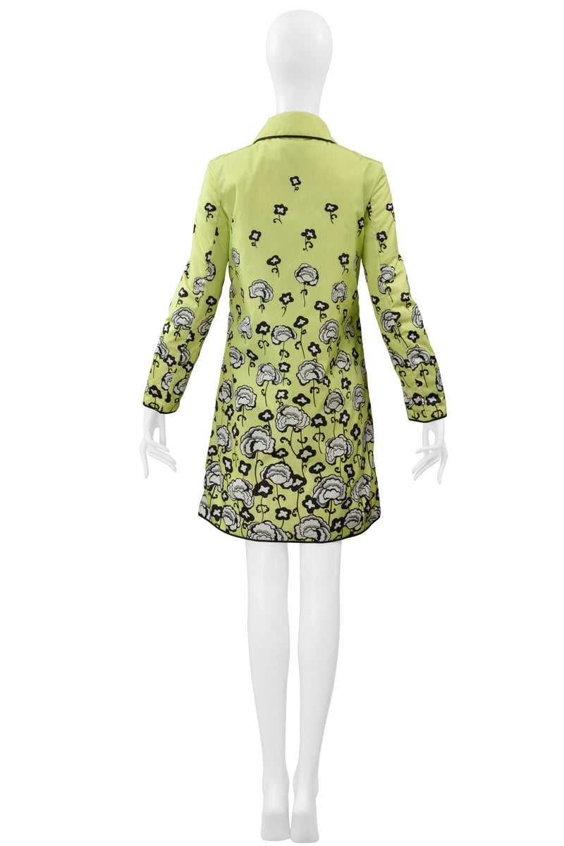 PRADA LIME GREEN PARKA WITH BLACK & WHITE FLORAL PRINT AND LARGE SNAPS